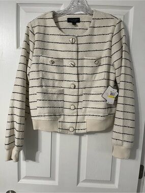 Laundry By Shelli Segal Cream and Black Striped Tweed Jacket with Gold Accent